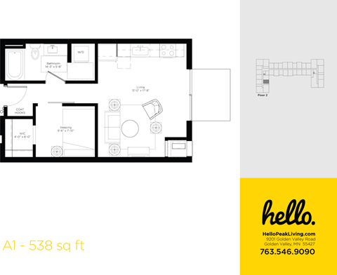A1 Floor Plan at Hello Apartments, Minneapolis, 55427